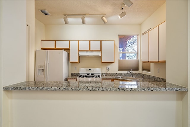 9 E Saddleback Mesa, Santa Fe, NM 87508 - kitchen with white appliances, a sink, a peninsula, under cabinet range hood, and a textured ceiling