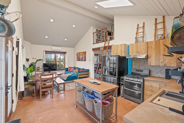 75A Camino Chupadero, Santa Fe, NM 87506 - kitchen featuring a skylight, under cabinet range hood, appliances with stainless steel finishes, and light brown cabinets