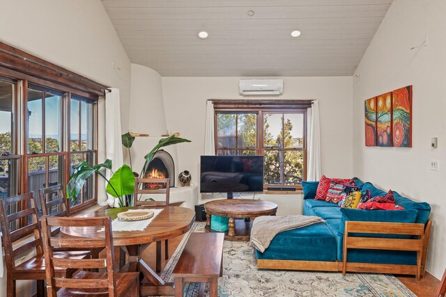 75A Camino Chupadero, Santa Fe, NM 87506 - sitting room featuring wooden ceiling, an AC wall unit, vaulted ceiling, and recessed lighting