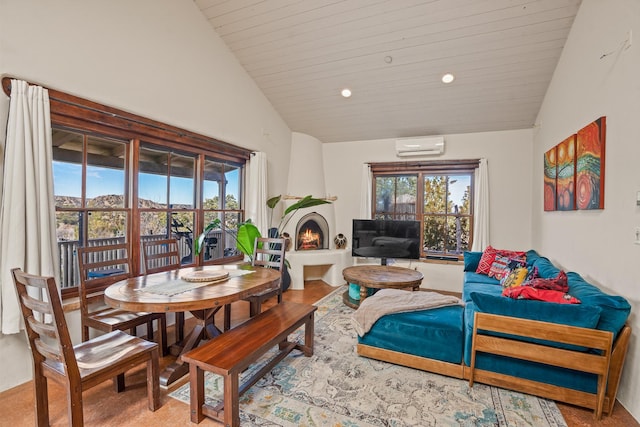 75A Camino Chupadero, Santa Fe, NM 87506 - living area featuring high vaulted ceiling, wooden ceiling, an AC wall unit, and a large fireplace