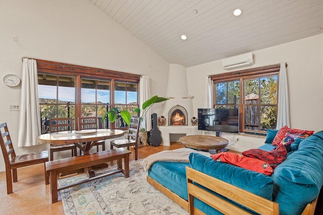 75A Camino Chupadero, Santa Fe, NM 87506 - living room with high vaulted ceiling, wooden ceiling, a fireplace, a wall unit AC, and recessed lighting