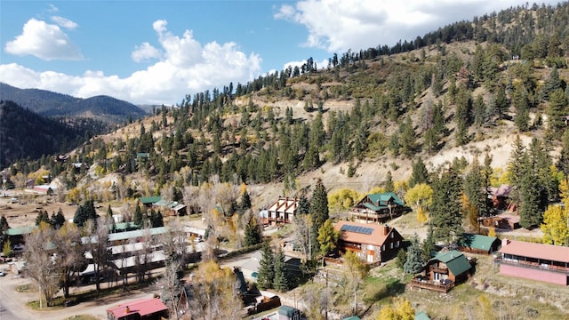bird's eye view with a wooded view and a mountain view