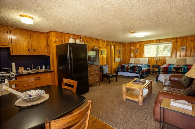 living room with a textured ceiling and wood walls