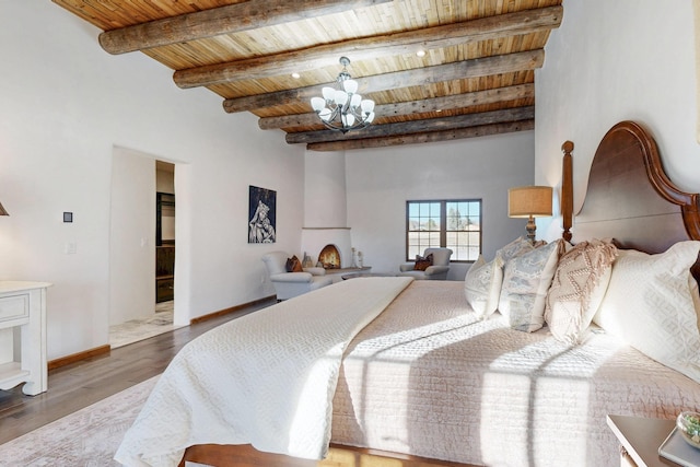 bedroom featuring beamed ceiling, a chandelier, wood ceiling, and wood finished floors