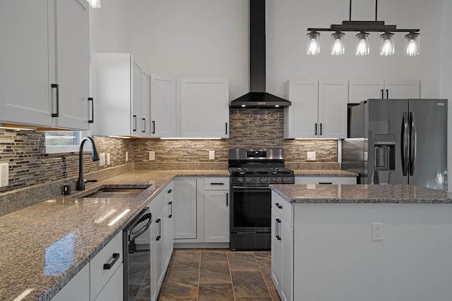 3 Cerro Cir, Lamy, NM 87540 - kitchen with white cabinetry, backsplash, a sink, wall chimney range hood, and appliances with stainless steel finishes