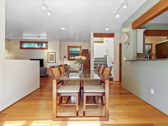 936 Dunlap, Santa Fe, NM 87501 - dining room with track lighting, light wood finished floors, stairs, and recessed lighting