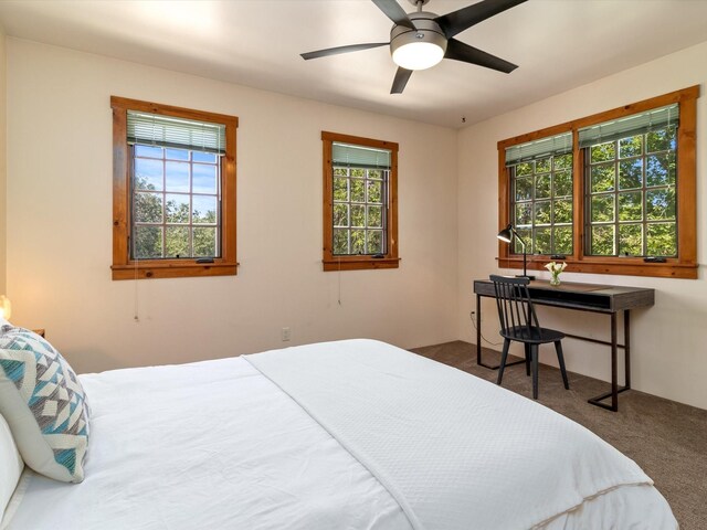 936 Dunlap, Santa Fe, NM 87501 - carpeted bedroom featuring multiple windows and ceiling fan