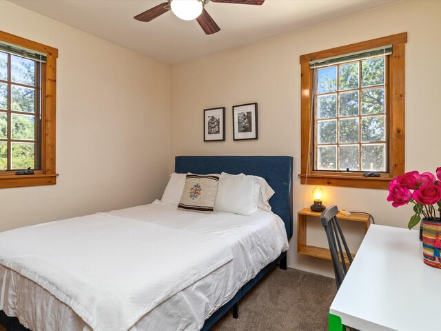936 Dunlap, Santa Fe, NM 87501 - bedroom with multiple windows, carpet flooring, and a ceiling fan