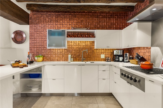 6 Overlook Rd, Santa Fe, NM 87505 - kitchen featuring a sink, white cabinets, wall chimney range hood, and light countertops
