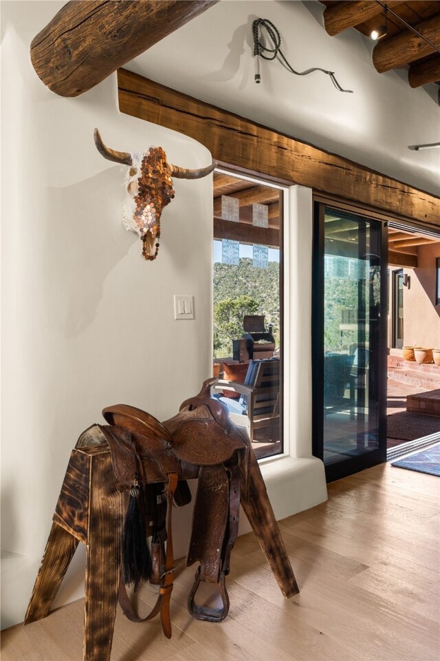 6 Overlook Rd, Santa Fe, NM 87505 - dining space with beamed ceiling and wood finished floors
