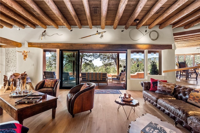6 Overlook Rd, Santa Fe, NM 87505 - living area with wood-type flooring, wooden ceiling, and beam ceiling