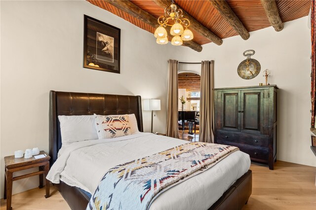 6 Overlook Rd, Santa Fe, NM 87505 - bedroom featuring light wood finished floors, wooden ceiling, and beam ceiling