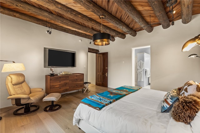 6 Overlook Rd, Santa Fe, NM 87505 - bedroom featuring wooden ceiling, beam ceiling, and wood finished floors
