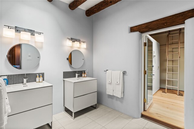 6 Overlook Rd, Santa Fe, NM 87505 - full bathroom featuring a sink, tile patterned flooring, two vanities, and beam ceiling