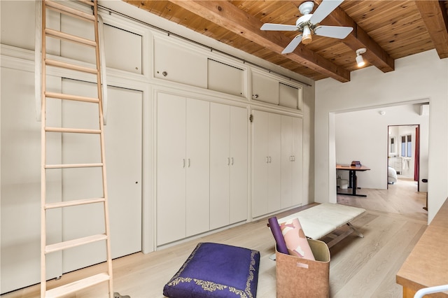 6 Overlook Rd, Santa Fe, NM 87505 - interior space featuring a ceiling fan, wood ceiling, and light wood finished floors