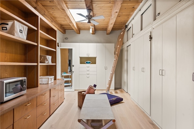 6 Overlook Rd, Santa Fe, NM 87505 - interior space with wood ceiling, light wood-style floors, and ceiling fan