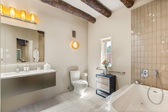 6 Overlook Rd, Santa Fe, NM 87505 - full bathroom featuring toilet, tile patterned floors, vanity, beam ceiling, and a whirlpool tub