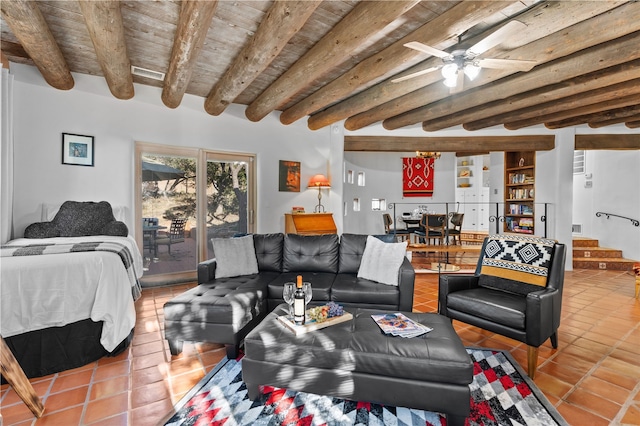 6 Overlook Rd, Santa Fe, NM 87505 - living room featuring tile patterned flooring, stairway, wooden ceiling, beam ceiling, and ceiling fan