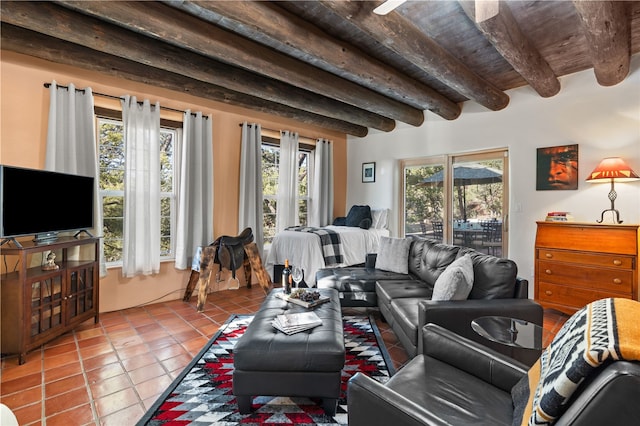 6 Overlook Rd, Santa Fe, NM 87505 - tiled living area featuring plenty of natural light, beamed ceiling, and wooden ceiling