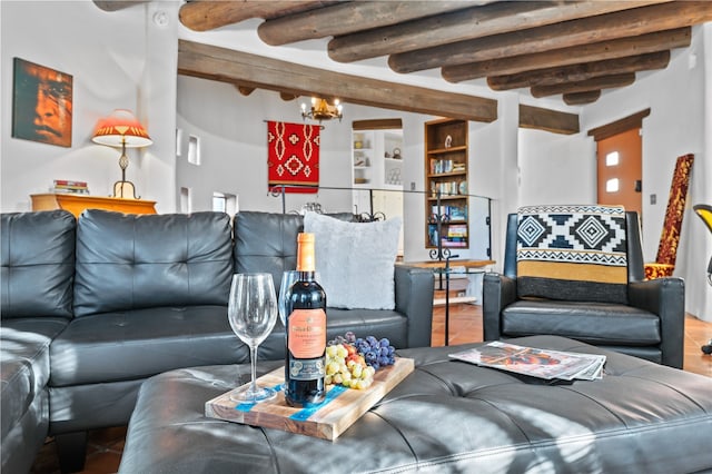 6 Overlook Rd, Santa Fe, NM 87505 - tiled living room featuring built in shelves, a chandelier, and beamed ceiling