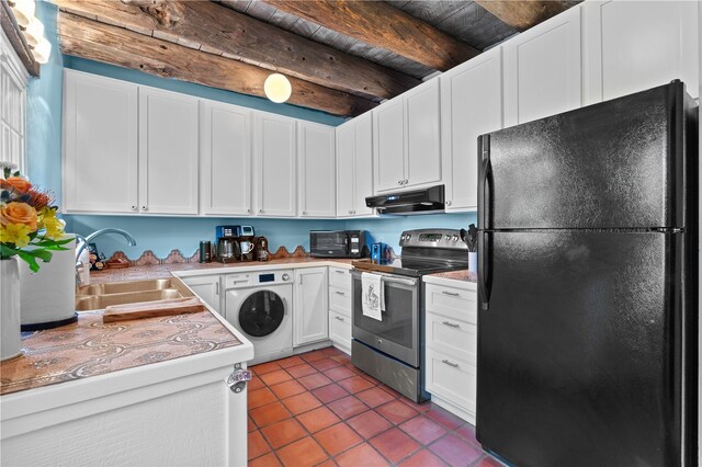 6 Overlook Rd, Santa Fe, NM 87505 - kitchen with light countertops, under cabinet range hood, a sink, black appliances, and washer / dryer