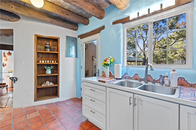 6 Overlook Rd, Santa Fe, NM 87505 - kitchen featuring light countertops, a sink, built in features, beamed ceiling, and white cabinets