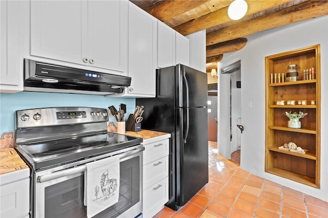 6 Overlook Rd, Santa Fe, NM 87505 - kitchen with light countertops, stainless steel electric stove, under cabinet range hood, white cabinetry, and wooden ceiling