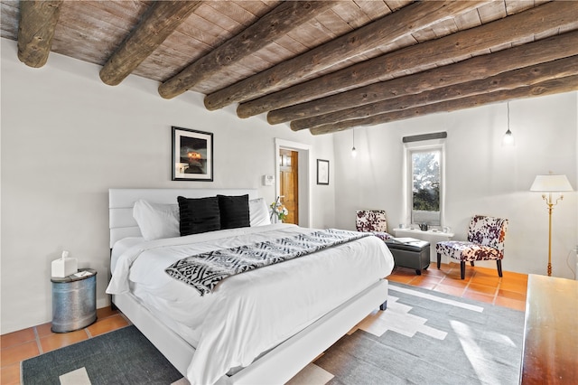 6 Overlook Rd, Santa Fe, NM 87505 - tiled bedroom with wooden ceiling and beam ceiling