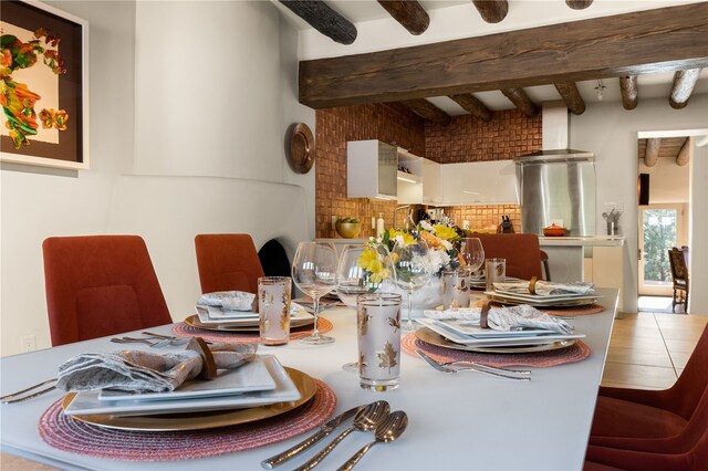 6 Overlook Rd, Santa Fe, NM 87505 - dining area with tile patterned flooring and beamed ceiling