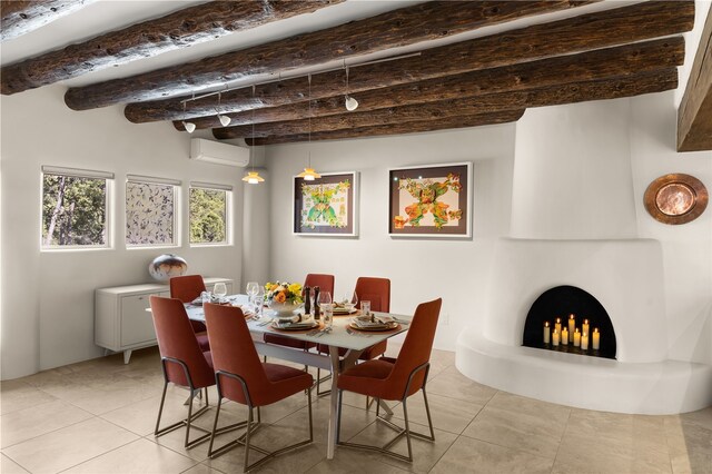 6 Overlook Rd, Santa Fe, NM 87505 - dining area with a large fireplace, an AC wall unit, light tile patterned floors, and beam ceiling