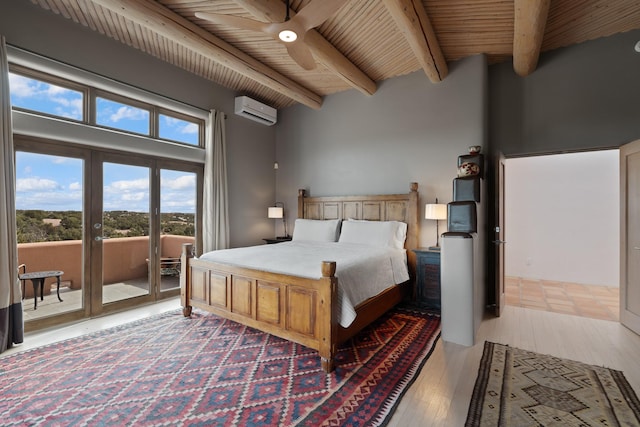 bedroom with access to outside, wooden ceiling, wood finished floors, an AC wall unit, and beam ceiling