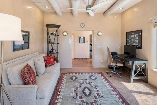 24 Paintbrush Cir, Santa Fe, NM 87506 - tiled office with beamed ceiling, ceiling fan, and recessed lighting
