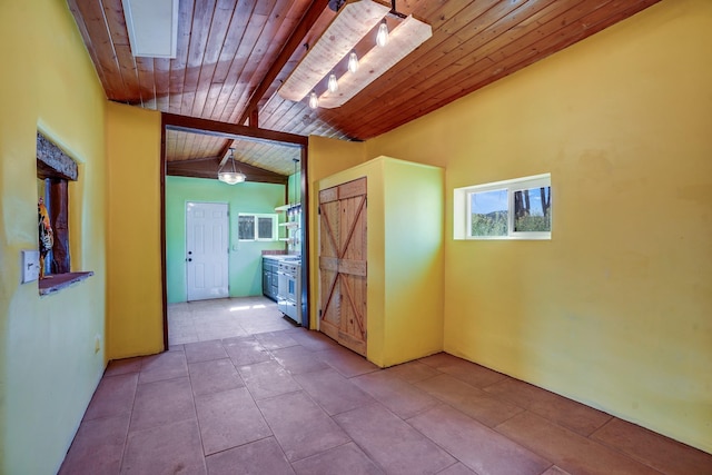 3112 Nm 14, Cerrillos, NM 87010 - corridor featuring vaulted ceiling with beams, wooden ceiling, and tile patterned flooring
