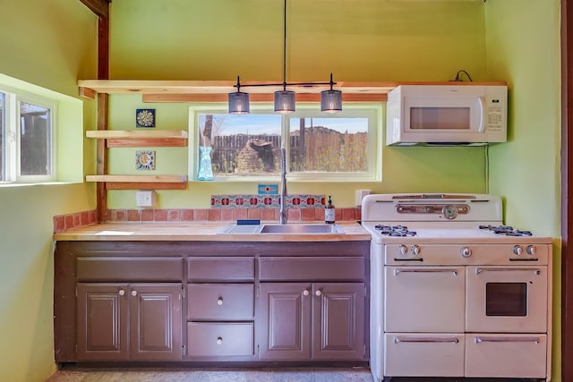 3112 Nm 14, Cerrillos, NM 87010 - kitchen featuring open shelves, a sink, light countertops, white microwave, and double oven range