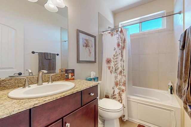 bathroom featuring toilet, vanity, and shower / bath combination with curtain