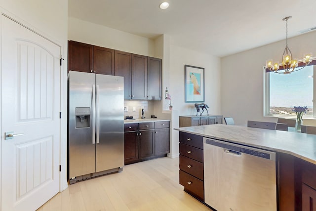 kitchen featuring visible vents, a notable chandelier, appliances with stainless steel finishes, dark brown cabinetry, and light wood-style floors