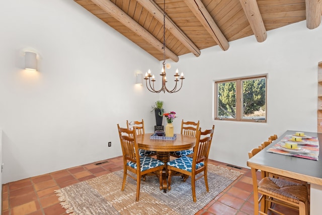 tiled dining room featuring visible vents, wooden ceiling, an inviting chandelier, and lofted ceiling with beams