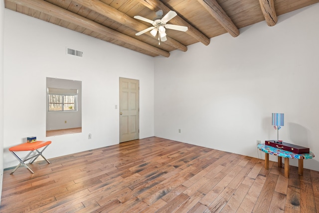 unfurnished room with visible vents, wood-type flooring, wooden ceiling, and beamed ceiling