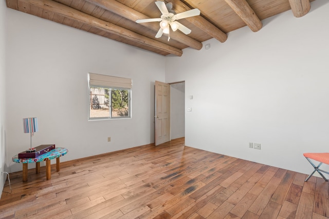 unfurnished room featuring wooden ceiling, light wood finished floors, and beam ceiling