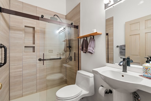 bathroom with a sink, toilet, and a stall shower