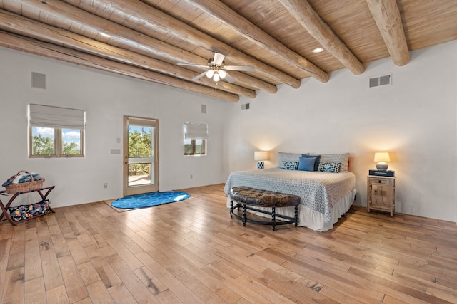 bedroom featuring light wood-style floors, visible vents, wood ceiling, and beam ceiling