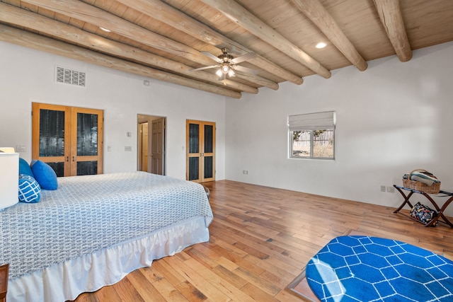 bedroom featuring visible vents, wood ceiling, wood-type flooring, and beamed ceiling
