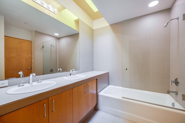full bathroom with recessed lighting, tile patterned floors, double vanity, and a sink