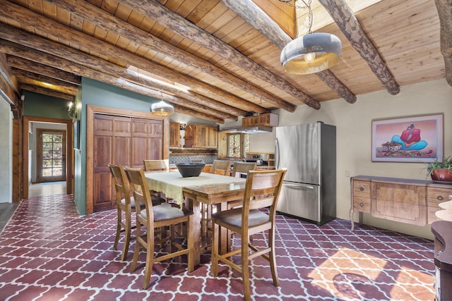 dining room with wooden ceiling and beam ceiling