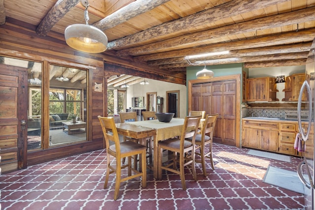 dining space featuring wooden ceiling, wooden walls, and beam ceiling
