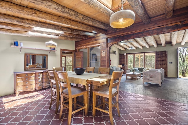 dining room featuring wood ceiling and beam ceiling