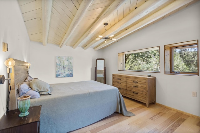 bedroom featuring light wood-style floors, baseboards, vaulted ceiling with beams, and wood ceiling