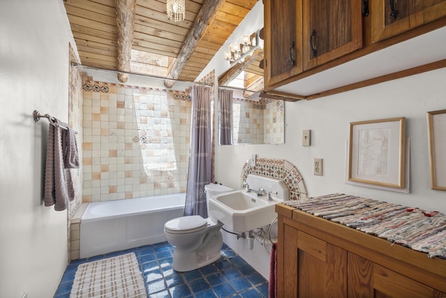 bathroom with wooden ceiling, a sink, toilet, beamed ceiling, and shower / bathtub combination with curtain