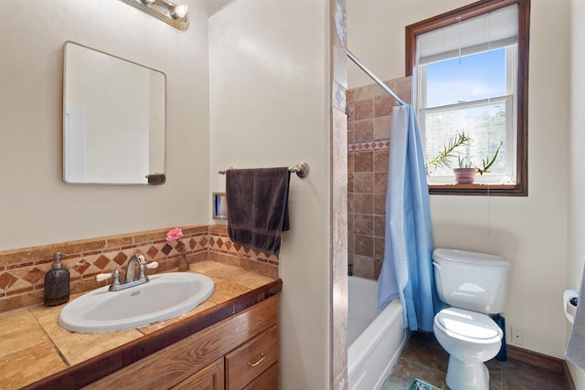 full bathroom with toilet, vanity, shower / bath combination with curtain, and decorative backsplash