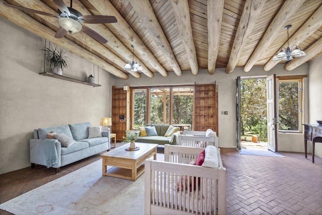 living room with brick floor, beamed ceiling, and wood ceiling